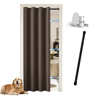 JCyh Türvorhang innen mit Teleskopstange und Magnetknopf, einfache Montage ohne Bohren, geeignet für Thermovorhang, Falttür, Schrankvorhang, Raumteiler und Küchentür, 1 Stück Türvorhang Braun