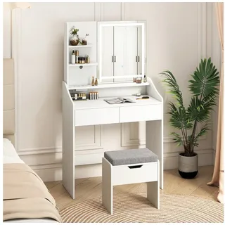 COSTWAY Schminktisch (1-St), Frisiertisch mit Hocker, LED Spiegel, Schubladen weiß 80 cm x 142 cm x 39 cm