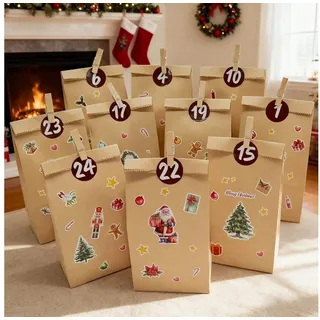 LuxusKollektion befüllbarer Adventskalender Adventskalender 2025 Tüten 24 Aufkleber 9x18cm Kraft Papier braun