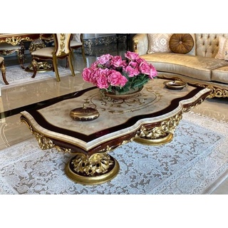 Casa Padrino Couchtisch Luxus Barock Couchtisch Weiß / Braun / Gold - Handgefertigter Massivholz Tisch im Barockstil - Barock Möbel - Edel & Prunkvoll