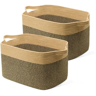 JOJOSEE Faltbarer Wäschekorb, 65L Aufbewahrungskorb Jute & Schwarz 2 Stück | Geflochten Aufbewahrungskorb mit Henkel, Laundry Baskets aus Baumwolle, Ideal für Decken, Kleidung, Kuscheltier, Spielzeug
