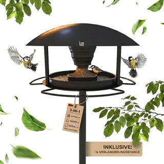 Vogelhaus mit Ständer Wetterfest – Vogelfutterspender & Vogeltränke [3 in 1 XXL] Vogelfutterhaus Metall | Robustes Futterhaus für Vögel, Garten & Balkon | Extra Groß – Schenk