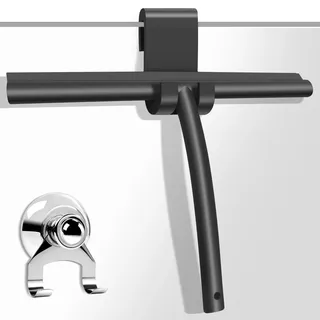 Shower Squeegee Duschabzieher 28 cm Silikon Breit Schwarz – Abzieher Dusche & Badabzieher mit Halterung ohne Bohren, Fensterabzieher mit Saugknopf & Haken