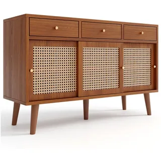 Merax Sideboard mit 3 Schubladen und 3 Schwebetüren, Rattangeflecht, Kommode mit verstellbaren Einlegböden,Anrichte,B/H/T: 120/40/78cm rot