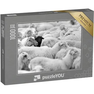 Puzzle 1000 Teile XXL „EIN schwarzes Schaf in der Herde der Weißen, Blick in die Kamera“ – aus der Puzzle-Kollektion Schafe & Lämmer, Bauernhof-Tiere