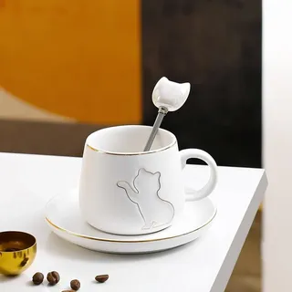MAGICVOGEL 3D Katzentasse Lustige Katze Kaffeetasse mit Untertasse und Löffel Goldrand Cappuccinotasse Geschenk für Frauen Mädchen Katzenliebhaber Weihnachten Geburtstag (Weiß)