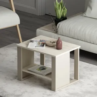 Homidea Boss Couchtisch – Moderner Beistelltisch mit Ablagefach, 60×45×43,6 cm(Couchtisch-Beige-Travertin)