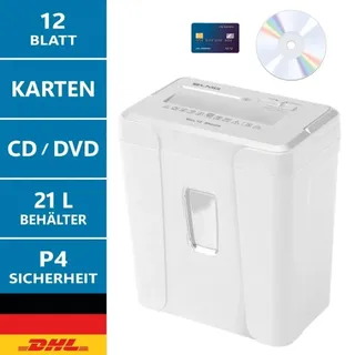 LMG Germany Aktenvernichter Aktenvernichter DWS-1212CD 12 Blatt 4x35 mm 21 Liter weiß, Kreuzschnitt P4, CD-Zerstörung, AUTO-Funktion, 21L Auffangbehälter weiß