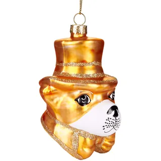 BRUBAKER Stylischer Hund mit Hut und Fliege Gold - Handbemalte Weihnachtskugel aus Glas - Mundgeblasener Christbaumschmuck Figuren lustig Deko Anhänger Baumkugel - 10 cm