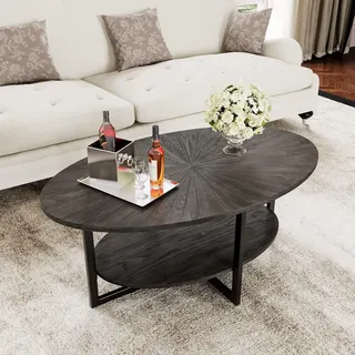 PADMA HOUSE Massivholz Ovaler Couchtisch mit Kreuzmetallbeinen, 110cm moderner Industral Center Tisch mit offenem Regal Cocktail Tee Tisch für Wohnzimmer Schlafzimmer (Rustikal Schwarz)