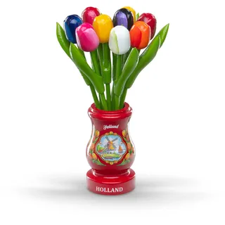 MomoMoments Holztulpen, Holzblumen, Holzdekoration, Holz-Kunstblumen, 9 Tulpen in Holzvase Retro rot Holland, 21 cm, Dekoration, Geschenk, Multicolor
