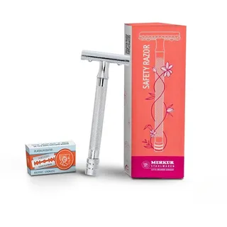 MERKUR 24C Rasierhobel für Damen mit 10 zweischneidigen Klingen | extra langer Griff | Dreiteiliger Rasierer | gerader Schnitt | helles Chrom-Finish | Made in Germany