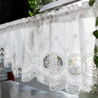 Ricemru Scheibengardine Landhausstil Weiss Kurz mit Mandala Blumen Shabby Chic Bistrogardine Baumwolle Halbtransparent Kurzgardinen Kurzvorhang Kurzstores Gardinen Küche 300x40