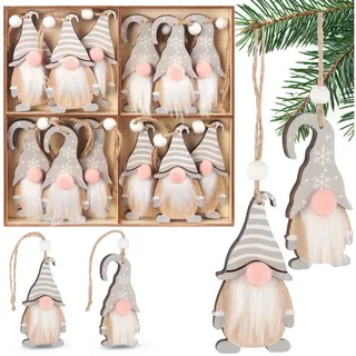 Brubaker Christbaumschmuck 12x Weihnachtsanhänger Wichtel - 8 cm Baumschmuck aus Holz - Gnom (12-tlg), Zwerge mit Bart und großer Nase - Holzanhänger Weihnachtsbaumschmuck grau