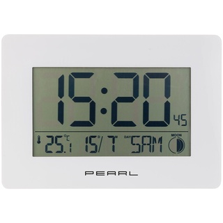PEARL Digitale Funkwanduhr: Funk-Wanduhr mit Jumbo-Uhrzeit, Temperatur- & Datums-Anzeige, weiß (LCD Wanduhr groß, Funk Wanduhr groß, Radio Controlled)