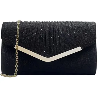 XFSRG Clutch Damen Glitzer Kleine Envelope Tasche Elegant Brauttasche Abendtasche mit Abnehmbarer Kette für Hochzeit Party Abschlussball(Schwarz) - 23x6x13 cm