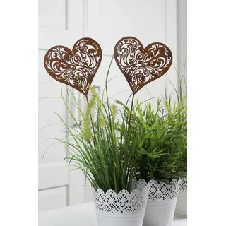 LB H&F Lilienburg Gartenfigur 2er Gartenstecker Beetstecker Gartendeko Herz Rost Rostdeko Hochzeit, Metall Blumenstecker Geschenk Muttertag Valententinstag Hochzeit DI braun