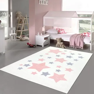 Teppich-Traum Kinderteppich Hochflor Sterne Rosa Grau 160x230 cm | Flauschiger Kinderzimmerteppich, weich, pflegeleicht, robust, schmutzabweisend, schadstofffrei, OEKO-TEX geprüft, 18 mm Flor