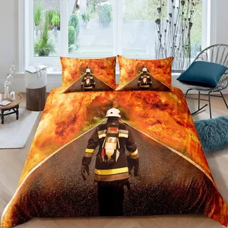 SIGOMA Bettwäsche 155x220 Feuerwehrleute, Winter Weiche Mikrofaser 3D Feuerwehr Bettbezug Set, Bettzeug mit 2 Kissenbezug 80x80 cm, Bettwäsche Set Für Kinder Erwachsene