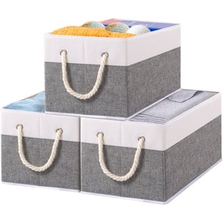 Yawinhe Aufbewahrungsbox Stoff, Faltbare Aufbewahrungsboxen, Waschbare, Offene Stoffbox, für Schlafzimmer, Kleideraufbewahrung, Weiß/Grau, 38x25x21cm, 3-Pack, SNK033WGL-3