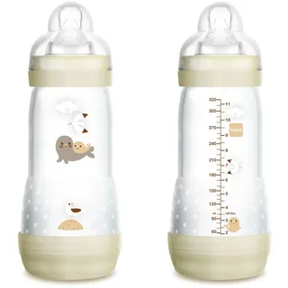 MAM Anti-Kolik-Flasche ab 4 Monaten, 320 ml, mit 3 Schnelligkeits-Saugern, aus Silikon, selbststerilisierend und leicht zu reinigen, MAM Easy-Start, Anti-Colic, matt-neutral, 1 Stück