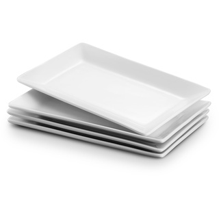 DOWAN Servierplatte Porzellan, 24,6 x 13,7 cm Servierplatten Rechteckig 4 Stück, Große Weiße Dessertteller für Buffets, Sushi, Kuchen, Vorspeisen zu Hause/im Restaurant