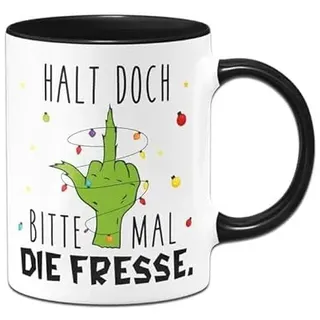 Tassenbrennerei Grinch Tasse - Grinch Tasse - Halt doch bitte mal die Fresse - Weihnachtsasse lustig - Kaffeetasse mit Spruch - Weihnachts-Deko (Schwarz)