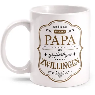 Fashionalarm Tasse Stolzer Papa von Zwillingen beidseitig bedruckt mit Spruch | Geschenk Idee Geburtstag Weihnachten Vatertag Geburt Baby Vater, Farbe:weiß