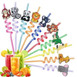 OPVYAEU 10 Stück Waldtiere Strohhalme Kinder Wiederverwendbar - Bunte Spiral Trinkhalme Plastik für Kindergeburtstag Safari Mottoparty Deko - Lockige Kunststoff Strohhalme Set für Jungen Mädchen