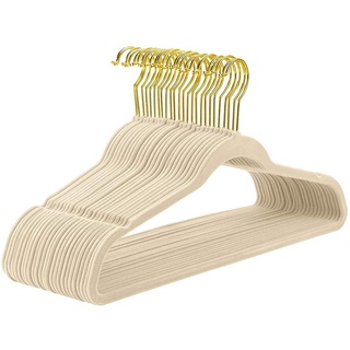 Kleiderbügel für Anzug/Kostüm, mit Samt Überzogen, Goldfarbener Drehhaken, rutschfeste Kleiderbügel Aus Samt - Stark, Platzsparende Kleiderbügel für Hemden, Jacken, Kleider,Beige,(20 Stück)