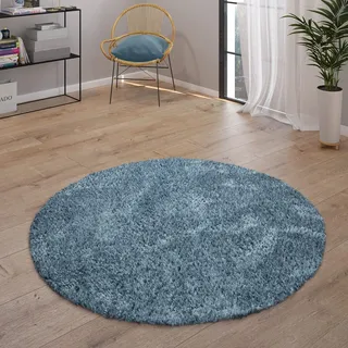 Paco Home Teppich Wohnzimmer, Schlafzimmer/Hochflor Shaggy in versch. Designs Farben und Größen, Grösse:120 cm Rund, Farbe:Blau