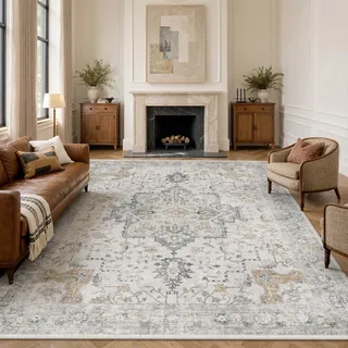 GENIMO Vintage Groß Beige Teppich Wohnzimmer 240x300cm Waschbar | Waschbarer Retro Teppich,Weich,Rutschfest Kurzflor,für Wohnzimmer,Schlafzimmer, Esszimmer,Büro,Carpet,Teppiche