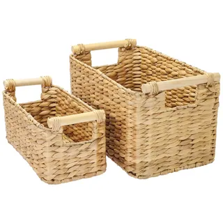HMF Aufbewahrungskorb Badezimmer Korb geflochten aus Wasserhyazinthe mit Holzgriffen 30 x 37 x 20 cm beige