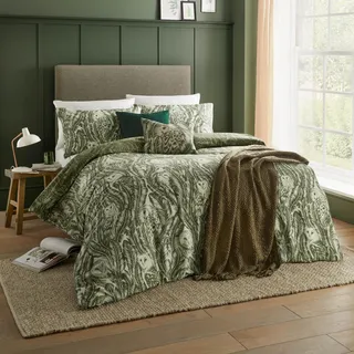 furn. Wylder Albus Bettwäsche Set (Grün - Einzelbett) | Wendbar Waldland Eule Flammgarn Baumwollreiche Bettwäsche