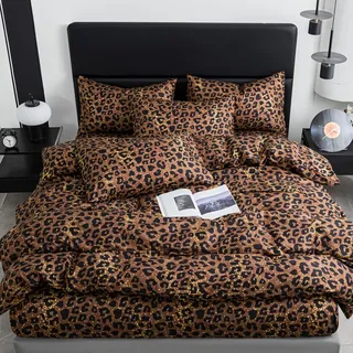 Nyescasa Leo Bettwäsche 200x200 Braun Leopardenmuster Bettwäsche Weich Microfaser Aesthetic Schwarze Gold Leoparden Muster Bettbezug mit Reißverschluss und 2 Kissenbezug 80x80cm