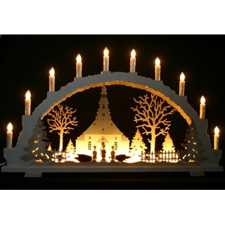 Großer Schwibbogen 70cm, LED-Vorbeleuchtung, 10 Kerzen, Seiffener Kirche Handarbeit Erzgebirge