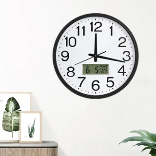 PORFOYO Lautlos Wanduhr mit Temperaturanzeige, 32cm Digitale Funk Wanduhr, Modern Uhr ohne Tickgeräusche mit Kalender Digital LCD, Wand Küchenuhr, für Wohnzimmer Schlafzimmer Büro, Schwarz