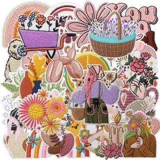 32 Vintage Landhaus Stick Aufbügelpatches Boho Stoffapplikationen Abzeichen | Retro-Blumen Mädchen Stoffabzeichen zur Verzierung von Boho-Kleidung,Rucksäcken Kappen,Textilreparaturen Textilbastelarbeiten