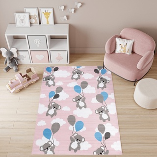 TAPISO Pinky Teppich Kurzflor Pink Weiß Grau Mehrfarbig Modern Koala Bär Teddy Design Kinderzimmer Kinderteppich ÖKOTEX 80 x 150 cm