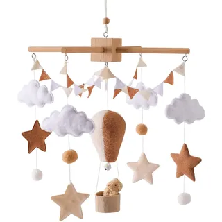 Hölz Babybett Mobile Baby Windspiel, Mobile Baby Holz mit 3D Filz Heißluftballon, Bettglocke Anhänger zum Aufhängen Babybett, Mobile Halterung Holz Wickeltisch, Geschenk für Junge Mädchen (B,Braun)