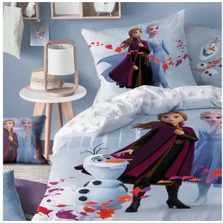 MTOnlinehandel Bettwäsche Frozen Eiskönigin 135x200+80x80 cm, 100 % Baumwolle, Flanell, 2 teilig, Disney's Kinderbettwäsche mit Anna, Elsa & Olaf Biber Mädchen blau|bunt