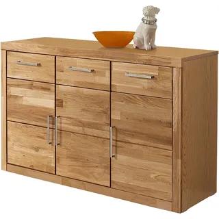 Sideboard OTTO HOME "Logo,130cm breit,42 cm tief, Fronten Massivholz,2 breite Fächer", braun (eiche teilmassiv), B:130cm H:80cm T:42cm, Holz teilmassiv, Sideboards, Sideboard, Holz massiv, Holzwerkstoff, Metall Griffe,3Türen,3Schubladen