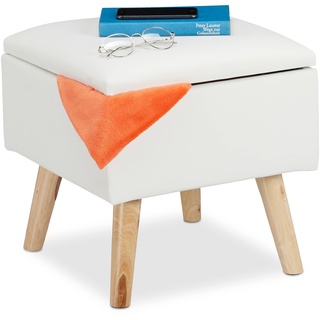 Relaxdays Sitzhocker mit Stauraum, aus Kunstleder, HxBxT: 40 x 40 x 40 cm, mit Deckel, Sitzwürfel gepolstert, weiß, 1 Stück