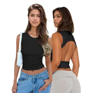 EMOTTOS Damen Y2K Ärmelloses Rückenfreies Tank Tops, Sexy Rüschen Oberteil mit Off Shoulder Engen Crop Tops, Stylish Slim Fit Vest mit Rundhalsausschnitt Sommer Party für Damen, Schwarz, M - M