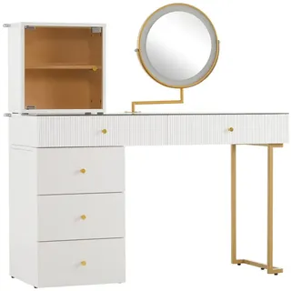 Rutaqian Schminktisch Schminktisch mit LED Spiegel, Schreibtisch, Kosmetiktisch, (1-St., transparenter Tischplatte aus gehärtetem Glas, Seite und Schrank), 120 x 45 x 115 cm, elegante Möbel, weiß, ohne Hocker weiß