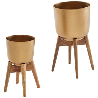 KADIMA DESIGN Alu-und-Holz Pflanzenkübel Set in Gold/Braun, modern & elegant, für stilvolle Inneneinrichtung
