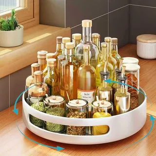 XFLYP 360° Drehteller Organizer, ø 25cm Drehbar Gewürzständer Lazy Susan Gewürzregal Küche & Kühlschrank Organizer Drehbar, Anti-Rutsch, Speisekammer Arbeitsplatte Schrank (Weiß)