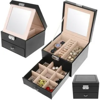 Beautylushh Schmuckkasten Schmucketui Schmuckkoffer mit Spiegel - Luxuriöse Aufbewahrung (Schmuckkoffer mit Deckel, Geschenkidee, elegant, PU-Leder, Schmuckkasten, Aufbewahrung, Organizer), Elegantes Design aus öko-freundlichem Leder mit sicherem Schloss schwarz