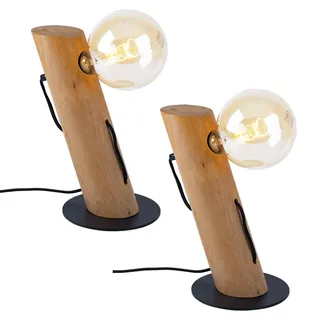 Tischlampe Wohnzimmer Holzleuchte Nachttischleuchten Nachttischlampe Landhaus, Kabelschalter, Metall Eukalyptus, 1x E27 Fassung, DxH 9x32 cm, 2er Set