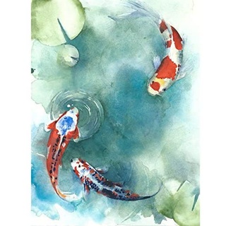 Japanese Koi Fish with Lilies Art Print Canvas Premium Wall Decor Poster japanisch Fisch Wand Deko